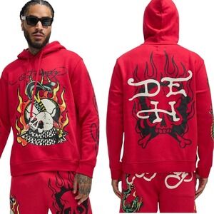 Ed Hardy Flame Cobra Hoodie Mens Large Cherry Red Skull Y2K Pullover‎ NEW w/ Tag